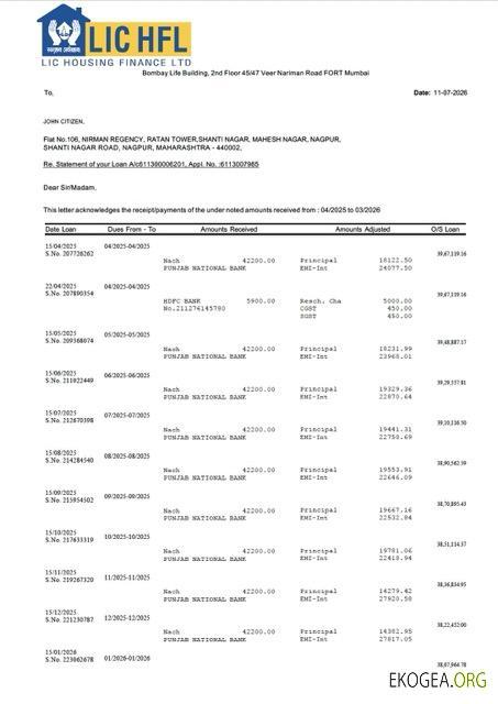 Modèle Word et PDF de relevé de compte Inde LIC Housing Finance
